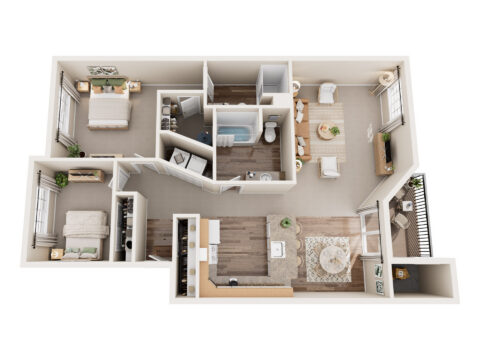 3D floor plan of a two-bedroom apartment with a kitchen, dining area, living room, bathroom, and balcony. The layout includes two bedrooms, a shared bath, and an open living/dining/kitchen space with modern furnishings.