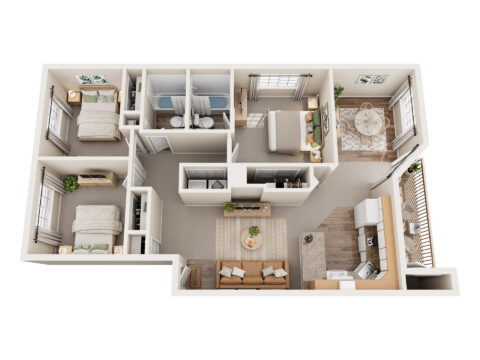3D floor plan of a three-bedroom apartment featuring a living room, kitchen, dining area, bathroom, and bedrooms with large windows. Neutral furnishings and decor throughout.