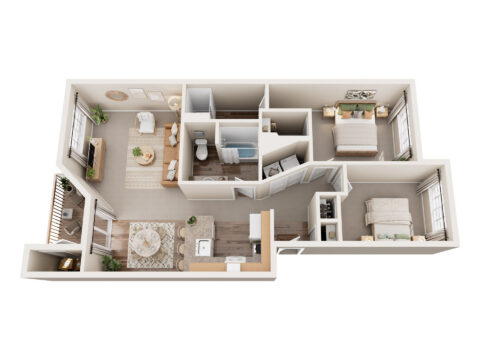 3D floor plan of a two-bedroom apartment featuring a living room, dining area, kitchen, bathroom, and balcony. Rooms are furnished with beds, sofas, tables, and decor, with large windows providing natural light throughout.