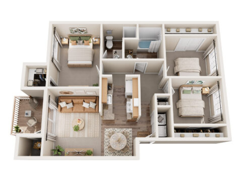 3D floor plan of a furnished apartment with three bedrooms, one bathroom, a living room, dining area, kitchen, laundry closet, and a balcony. Neutral colors and modern décor throughout.