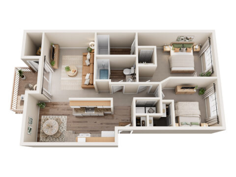 3D floor plan of a two-bedroom apartment with a living room, kitchen, dining area, one bathroom, a balcony, and storage closets. The bedrooms are side by side near large windows, with the living space open and inviting.
