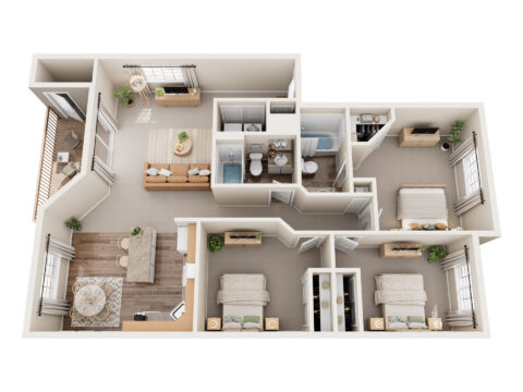 3D floor plan of a three-bedroom apartment with two bathrooms, an open living and dining area, a kitchen, a balcony, and large windows. Each bedroom is furnished and there are plants and decor throughout.