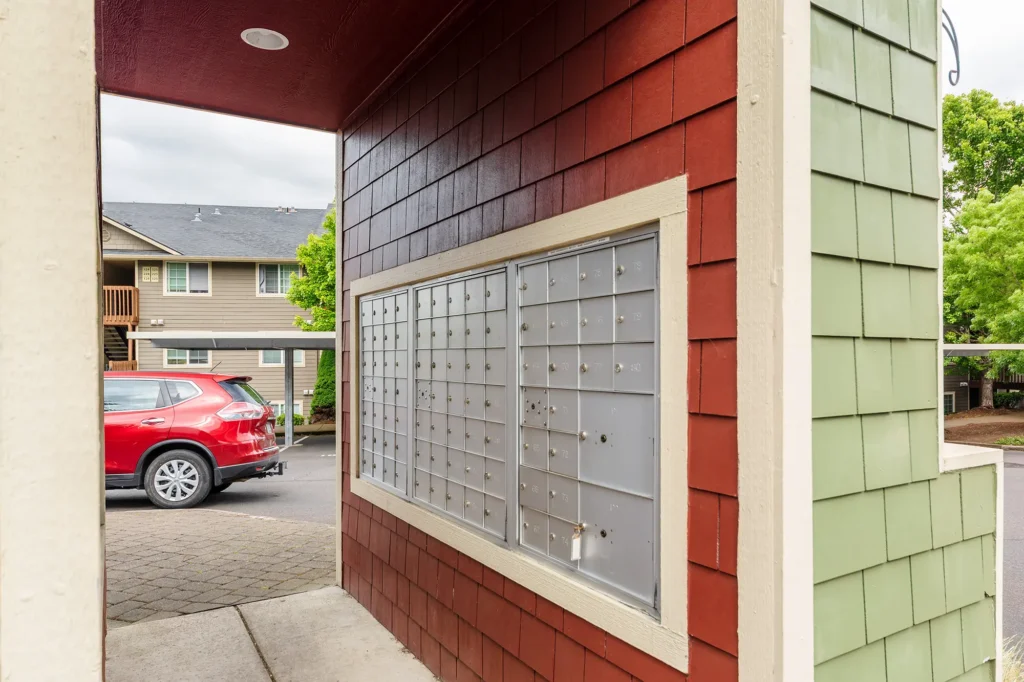 Mailboxes in exterior wall unit.