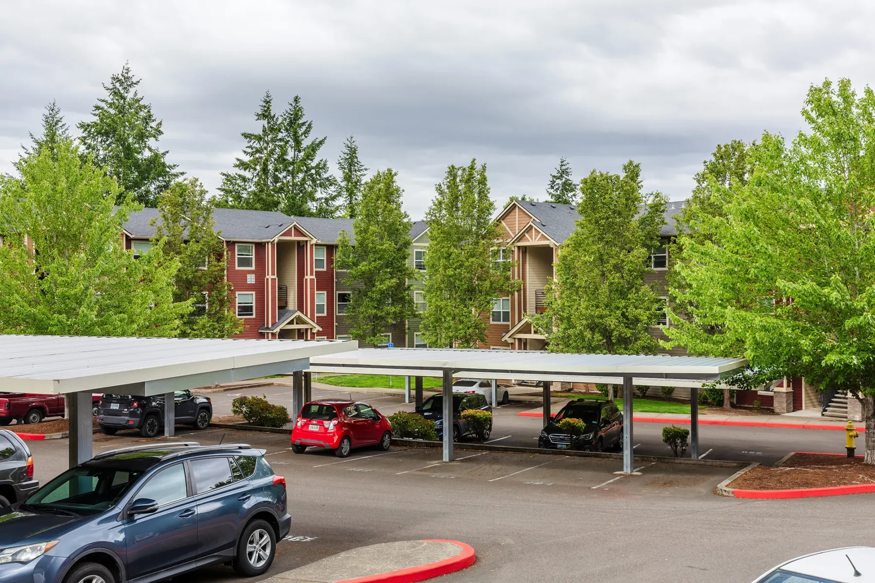 Apartment complex parking lot with covered spaces, surrounded by lush green trees.
