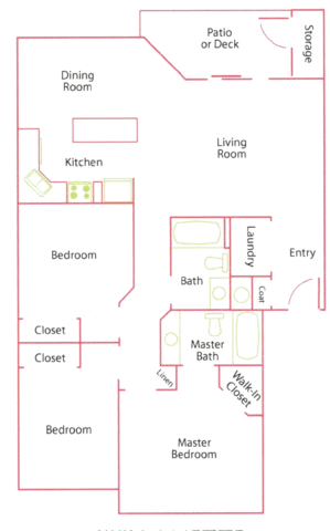 Floor plan of a three-bedroom apartment featuring a master bedroom with attached bath, two additional bedrooms, second bath, kitchen, living and dining rooms, patio, and storage.