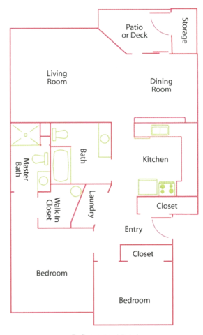 Floor plan of an apartment with two bedrooms, two bathrooms, kitchen, dining and living rooms, laundry, walk-in closet, and patio with storage.