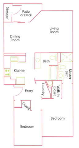 Floor plan of a house with living and dining rooms, kitchen, two bedrooms, master bathroom, additional bathroom, laundry, walk-in closet, and patio area.