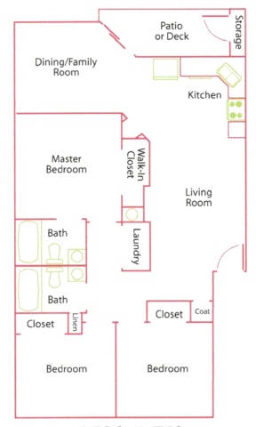Floor plan of a home featuring three bedrooms, two bathrooms, a kitchen, dining/family room, living room, laundry, walk-in closet, and patio.