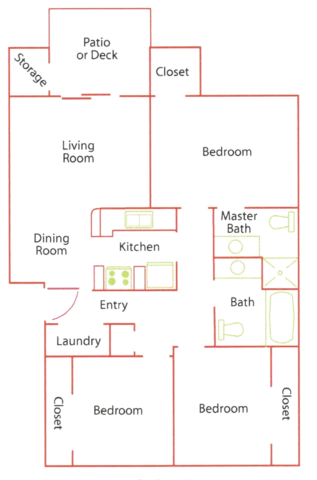 Floor plan with three bedrooms, two bathrooms, a kitchen, dining and living room, laundry, closets, and a patio. Simple layout with clear labels.
