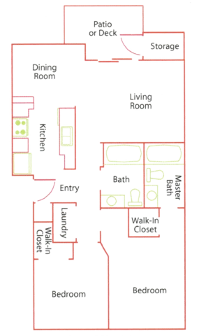 Floor plan of a home with two bedrooms, two baths, kitchen, dining, and living rooms. Includes a patio, storage, and walk-in closets.
