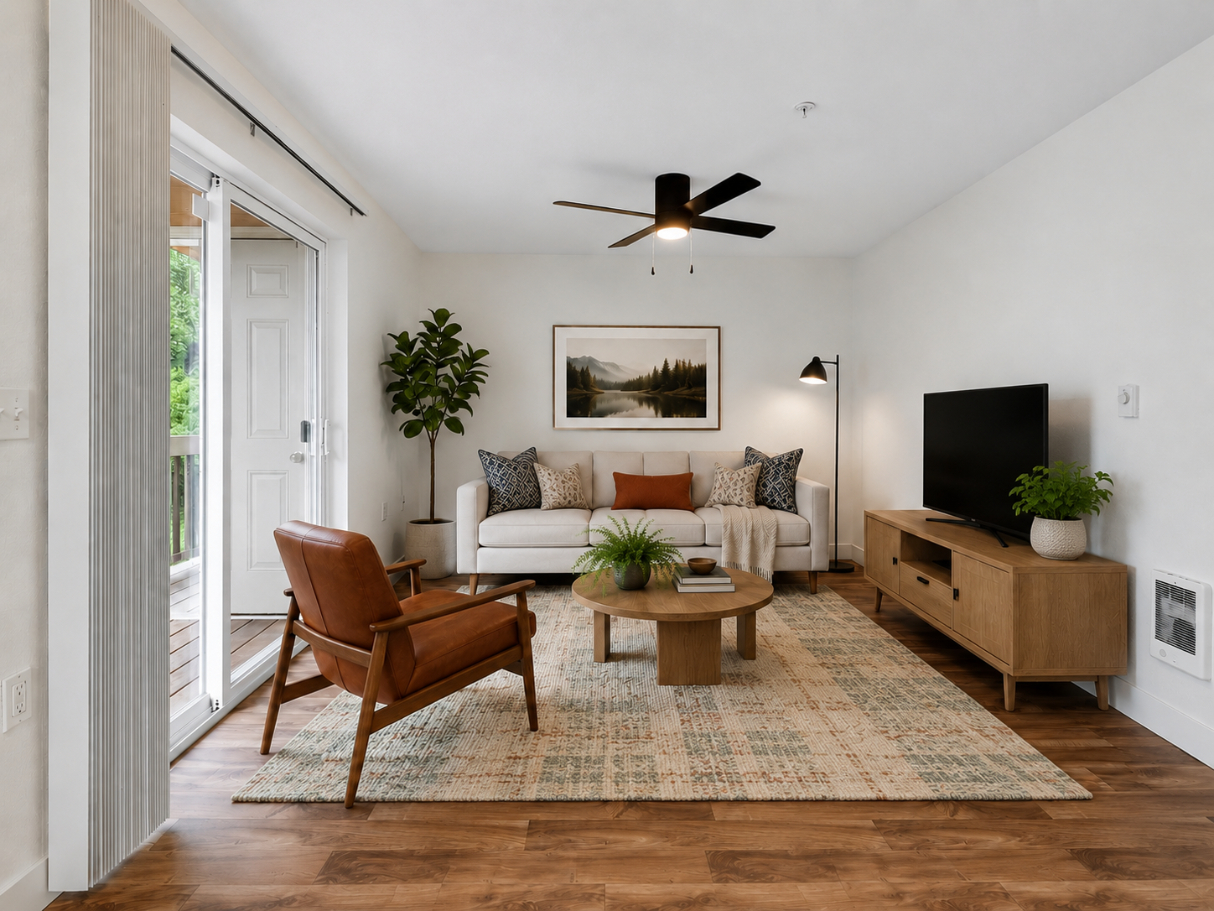 A modern living room with a white sofa, brown leather chair, wooden coffee table, TV on a wooden stand, large rug, potted plants, and wall art. Glass doors open to a balcony, and a ceiling fan hangs above.