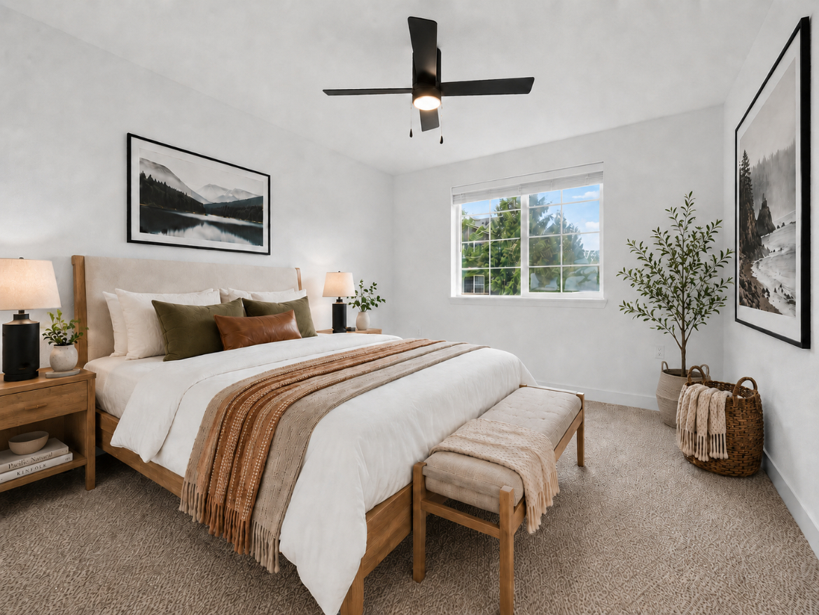 Modern bedroom with a large bed, neutral bedding, green and brown accent pillows, two wooden nightstands, a bench, lamps, framed nature art, a ceiling fan, and a window with trees visible outside.