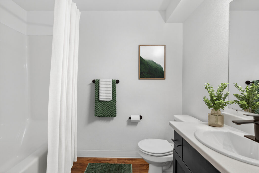 Modern bathroom with white walls, a white shower curtain, toilet, and sink. A green rug, green towel, framed mountain photo, and a small potted plant add accents. The decor is simple and clean.