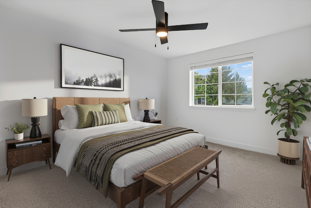 Modern bedroom with a large bed, wooden bench, two nightstands, plants, a ceiling fan, and a window letting in natural light. Art of trees hangs above the bed.
